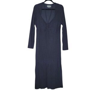 Anthropologie Tie Front Midi Dress XL Long Sleeve Charcoal Stretch Comfy Boho